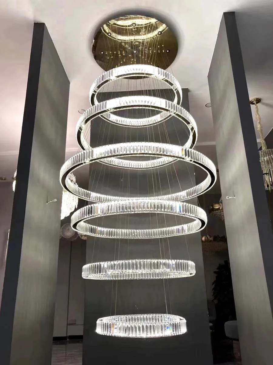 Cascading crystal ring chandelier on display — custom crystal & glass lighting